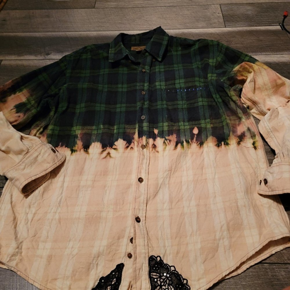 Custom Blue Green flannel plaid bleached shirt with sequined reindeer on back - Picture 3 of 7